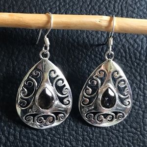 NWOT SMOKEY QUARTZ Pear Shape Cabochon Cut Gemstone 925Sterling Silver Earrings